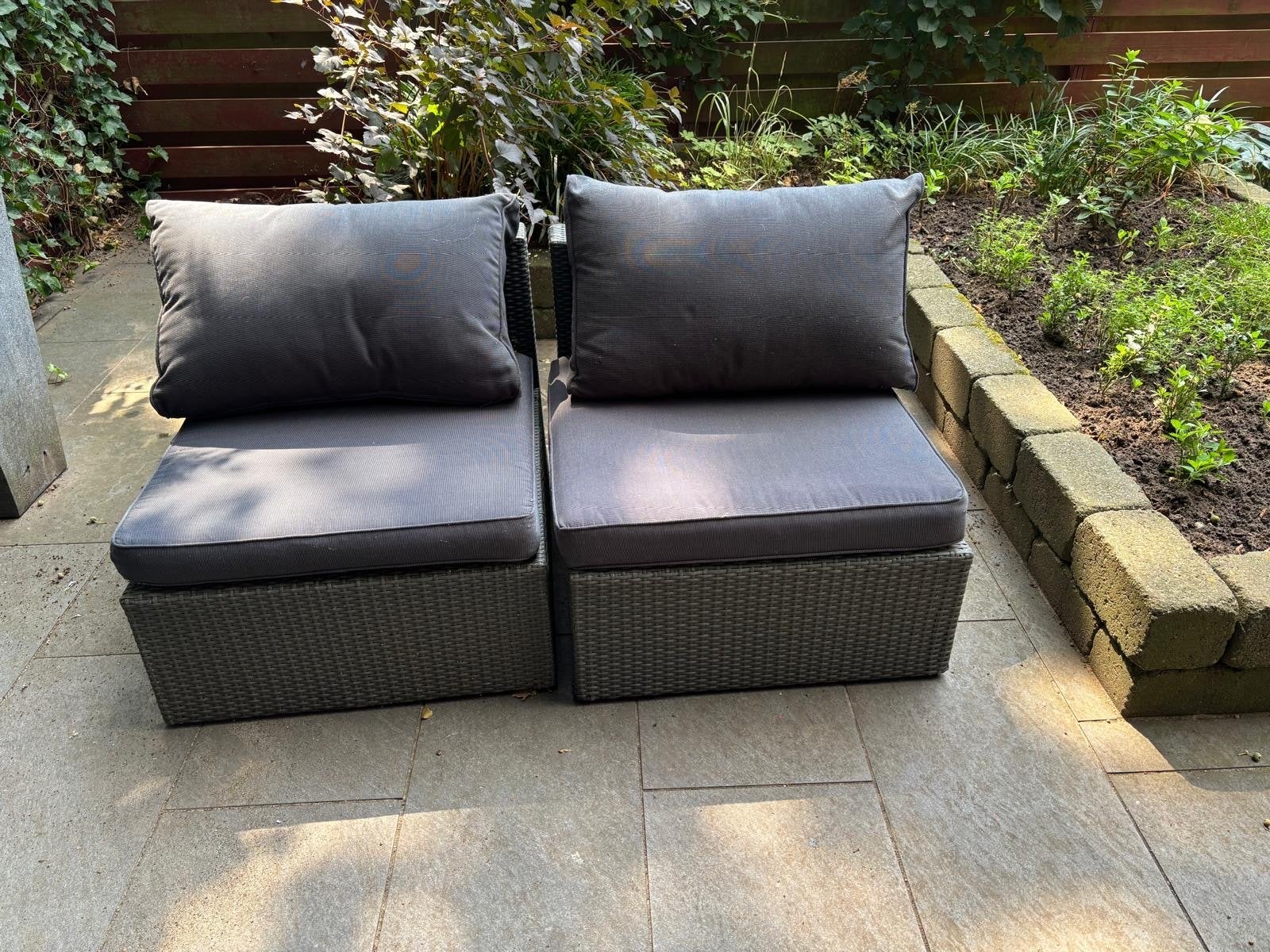 2 Lounge stoelen met kussens en afdekhoes, Gebruikt, Loungeset, Wicker, Stoel