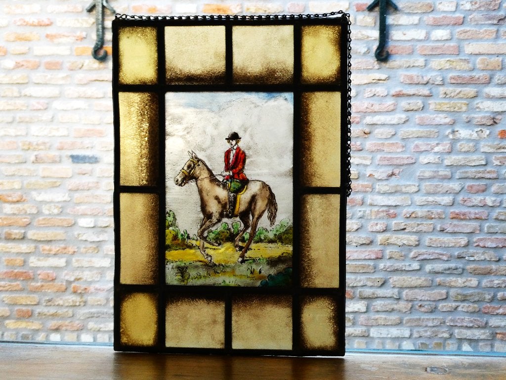Gebrandschilderd glas in lood raamhanger met Ruiter te paard, Antiek en Kunst, Ophalen of Verzenden