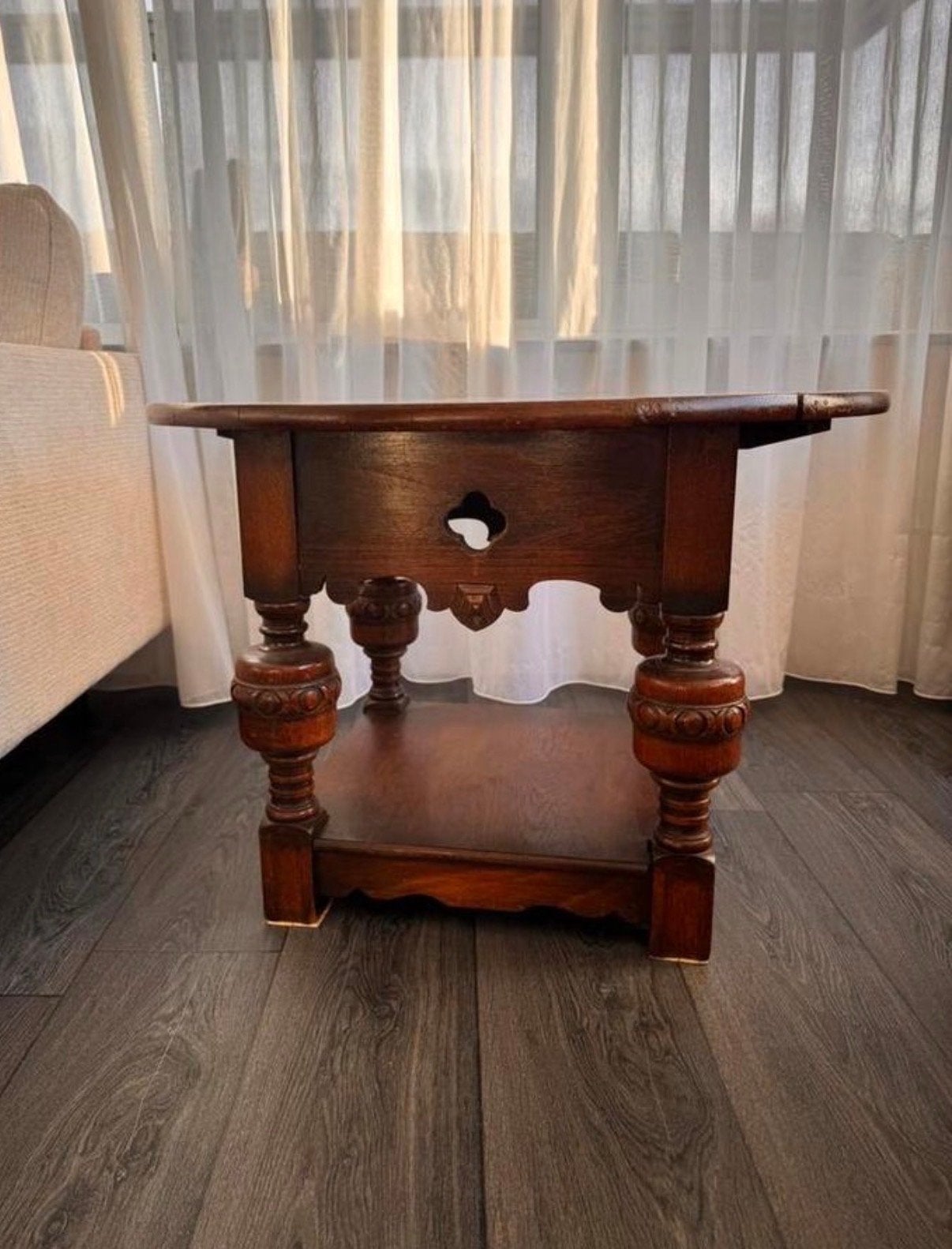 Antieke massief eiken bijzettafel – Ø80 cm –landelijke stijl, Ophalen