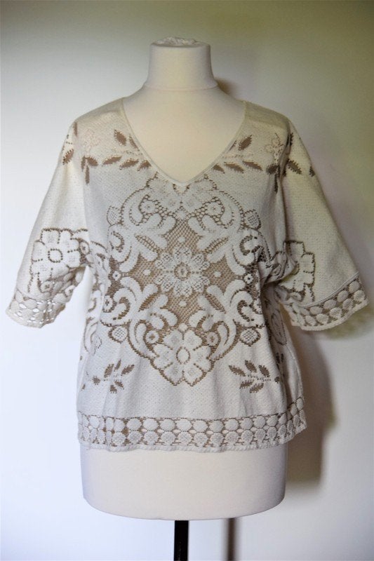 Forte-Forte ecru katoenen top met kantpatroon, maat S, Verzenden, Beige, Nieuw, Korte mouw