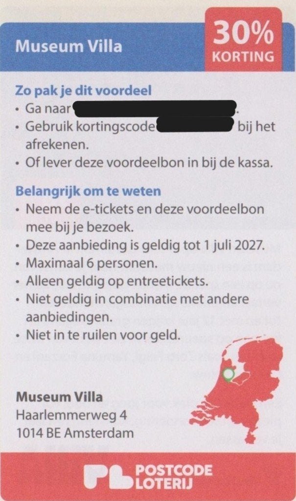 Museum Villa. Amsterdam. 30% korting. Postcodeloterij bon., Drie personen of meer, Kortingskaart