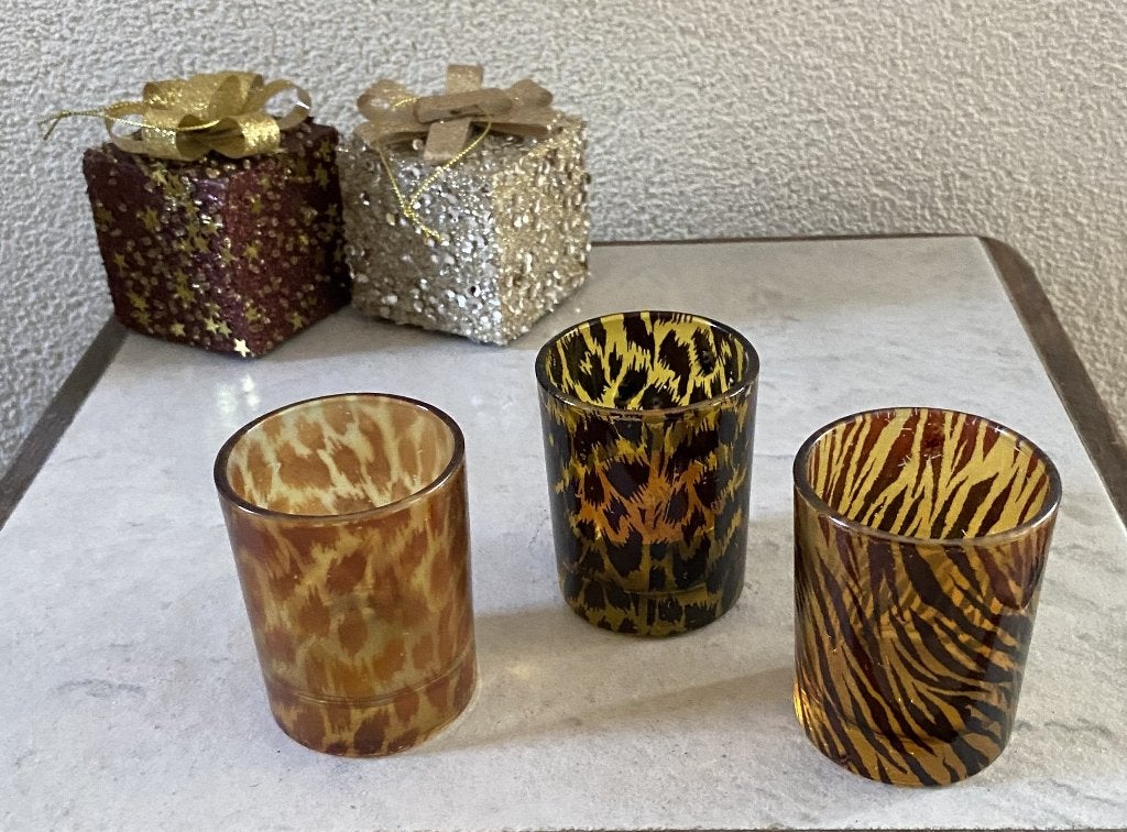 waxinelicht houders / glaasjes met panter / tijgerprint, Overige materialen, Bruin, Nieuw, Ophalen of Verzenden