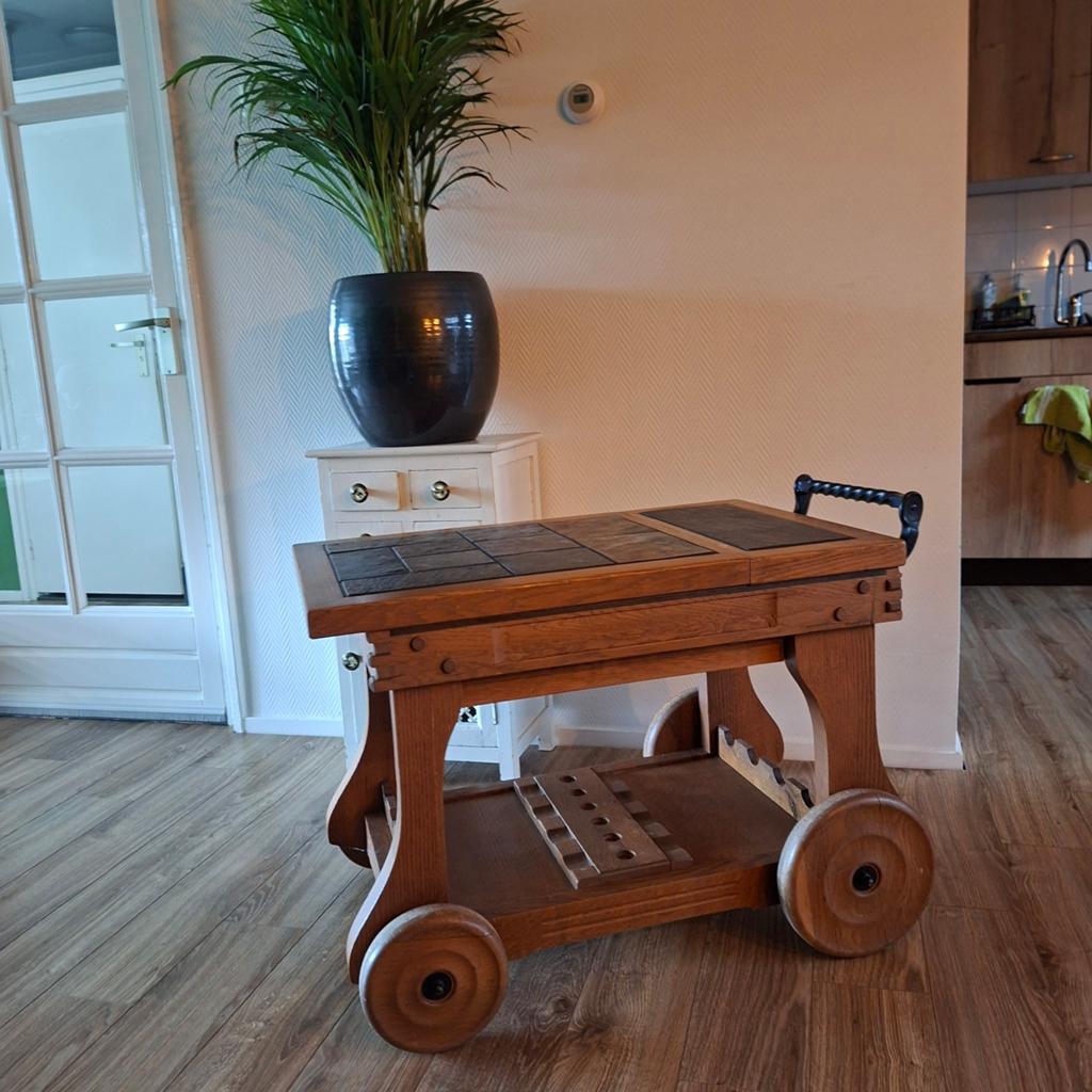 Vintage houten serveerwagen barbequewagen tafel, Antiek en Kunst, Ophalen
