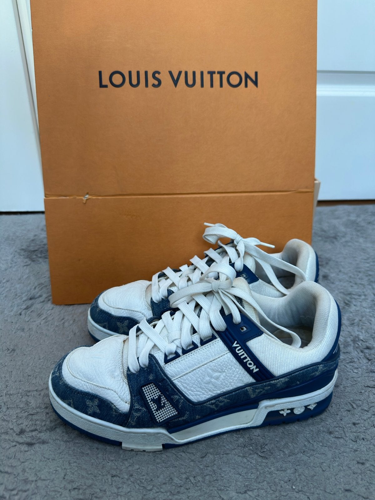 Louis Vuitton LV Trainer Sneakers Maat 38, Verzenden, Gedragen, Blauw, Sneakers of Gympen