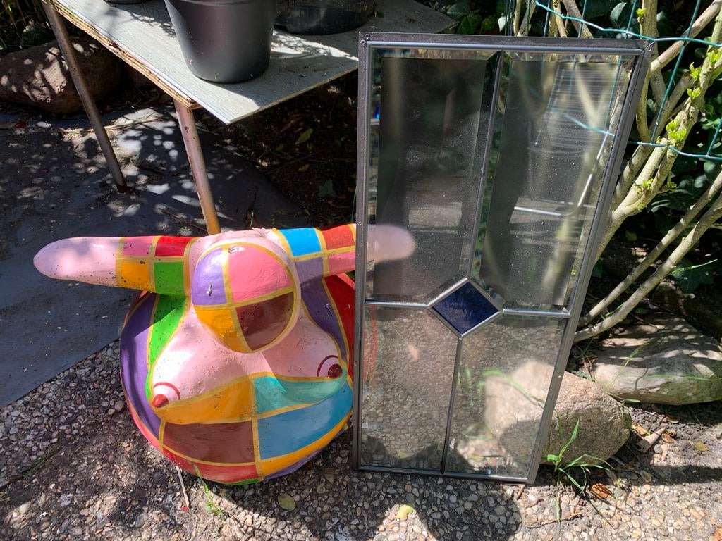 Glas in lood raam met blauw accent, Ophalen, Gebruikt