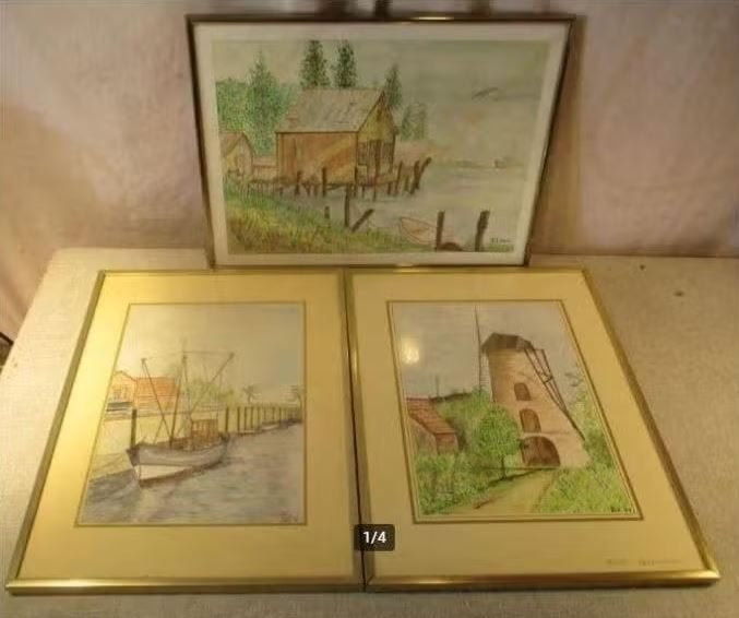 3 Mooie Aquarellen met Zichten - Pel - 41x30, Ophalen of Verzenden, Origineel werk, Aquarel, Landschap