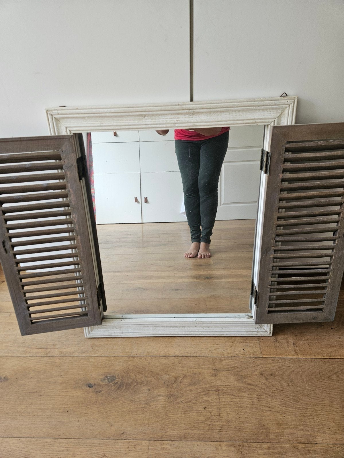 Mooie houten boho spiegel met luiken, Gebruikt, 100 tot 150 cm, Ophalen of Verzenden, 75 tot 100 cm