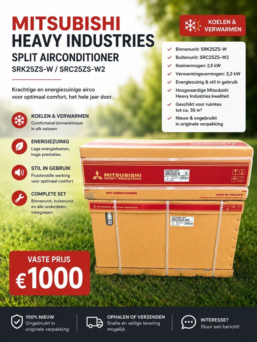 Mitsubishi Heavy Industries Split Airconditioner SRK25ZS-W, Ophalen, Minder dan 60 m³, Nieuw, 3 snelheden of meer