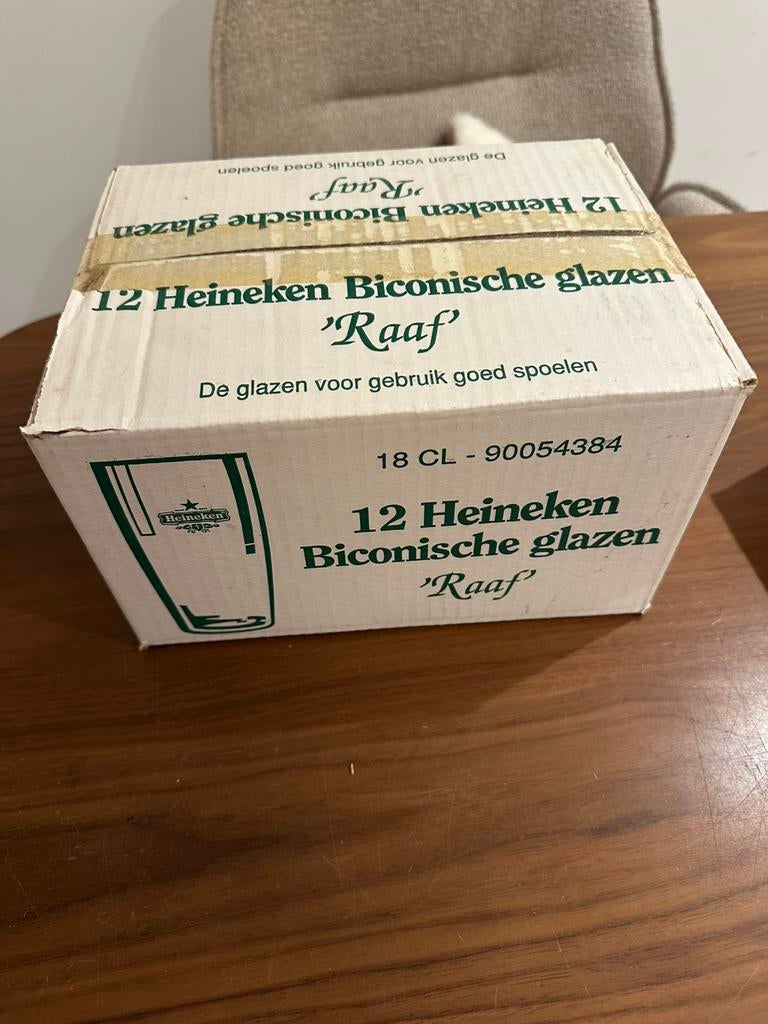 12 Heineken glazen Raaf Biconische nieuw in de doos, Verzamelen, Ophalen, Zo goed als nieuw, Overige typen