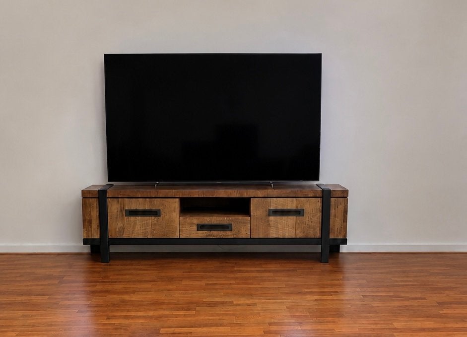 Industriële tv meubel, Ophalen, Teakhout, 150 tot 200 cm, Zo goed als nieuw