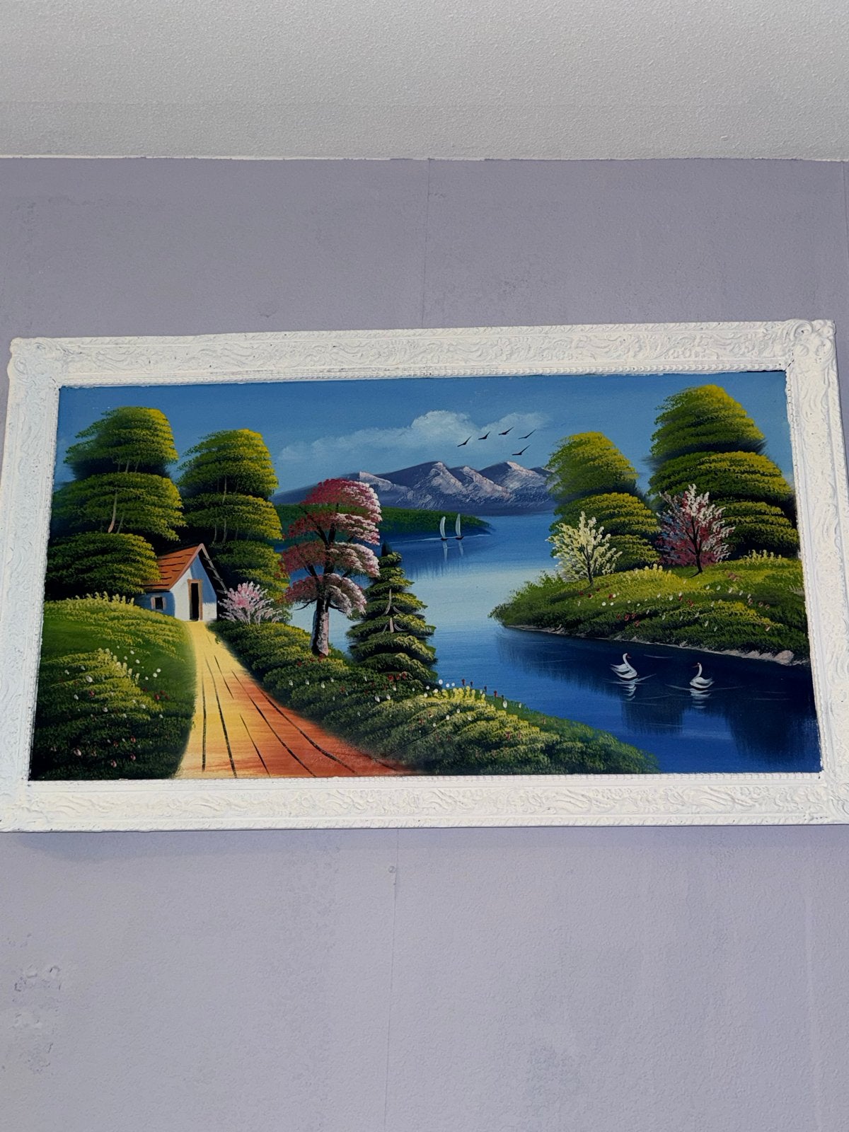 Schilderij: Landschap met huisje en water, Ophalen, Doek, Realistisch, Olieverf