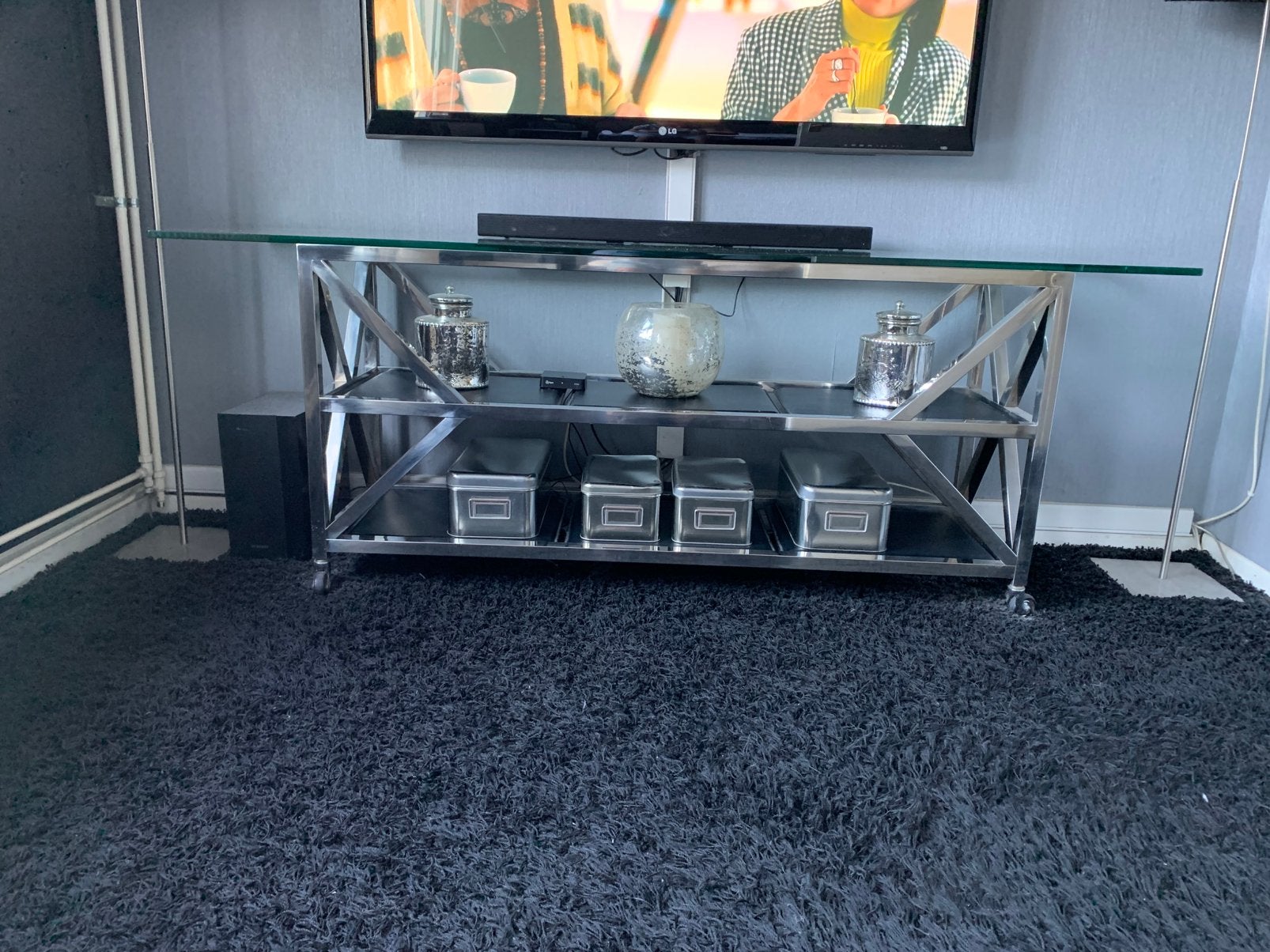 Desgin dressoir glas met leer + 2 lampen, Ophalen, Zo goed als nieuw, 25 tot 50 cm, Glas