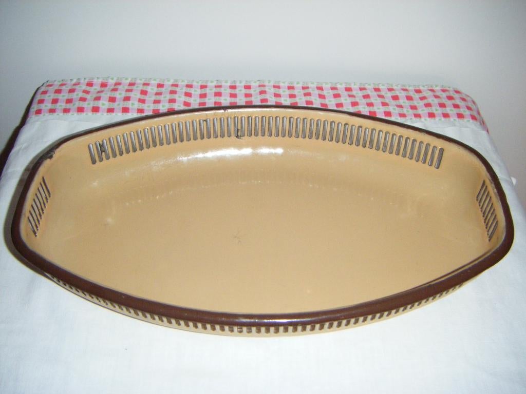 Oude emaille broodmand,izgst,schaal,camel,beige,bruine rand, Ophalen of Verzenden