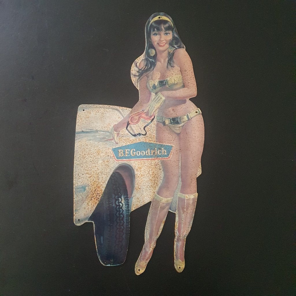 Blikken pin-up B.F. Goodrich autobanden, Verzamelen, Ophalen, Gebruikt, Reclamebord