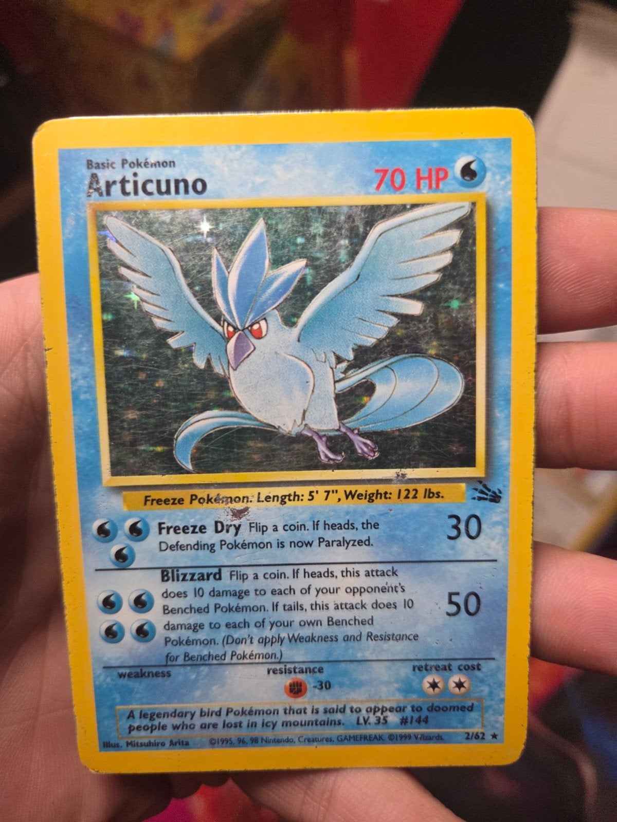 Articuno 2/62 Holo Fossil 1999 Wizard of the Coast era, Ophalen of Verzenden, Gebruikt, Losse kaart, Foil