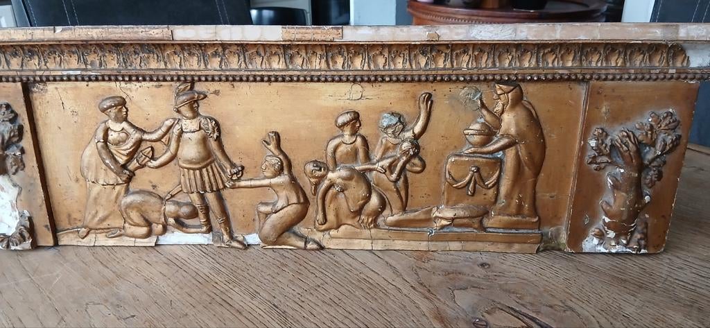 Antiek Houten Reliëf met Klassieke Scène, Antiek en Kunst, Handgemaakt, Wanddecoratie, Scène, Hout