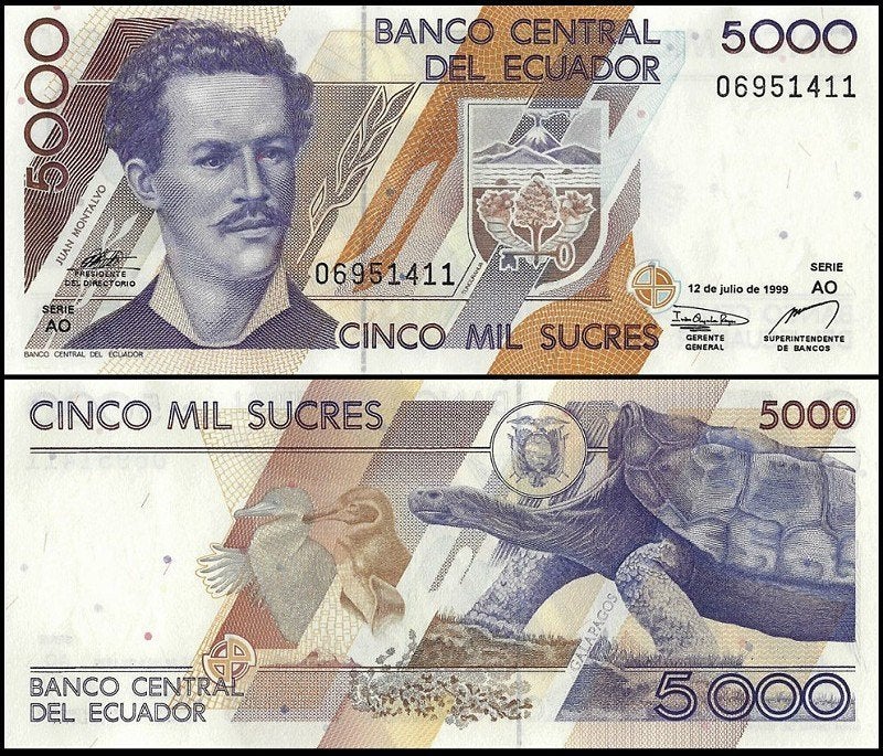 Ecuador 1999, 4 nieuwste opvolgende biljetten (UNC), Verzenden, Zuid-Amerika, Setje