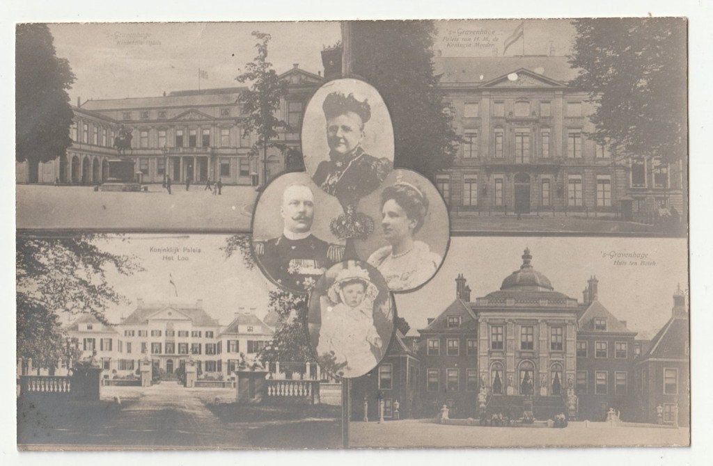 Paleizen koninklijke familie rond 1911 oude ansichtkaart, Verzamelen, Koninklijk Huis en Royalty, Gebruikt, Verzenden, Kaart, Foto of Prent