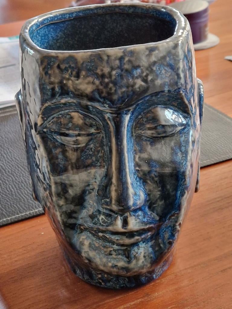 Clayre & Eef Moderne Gezicht vaas blauw Keramiek., Ophalen of Verzenden, Blauw, Aardewerk of Porselein, Minder dan 50 cm