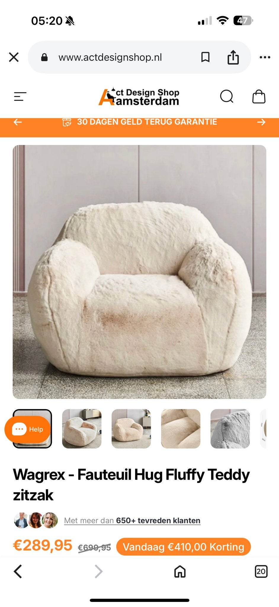 Wagrex - Loungestoel Fauteuil Hug Fluffy Teddy zitzak, Huis en Inrichting, Zitzakken, Ophalen, Zo goed als nieuw, Beige, Zitzakstoel