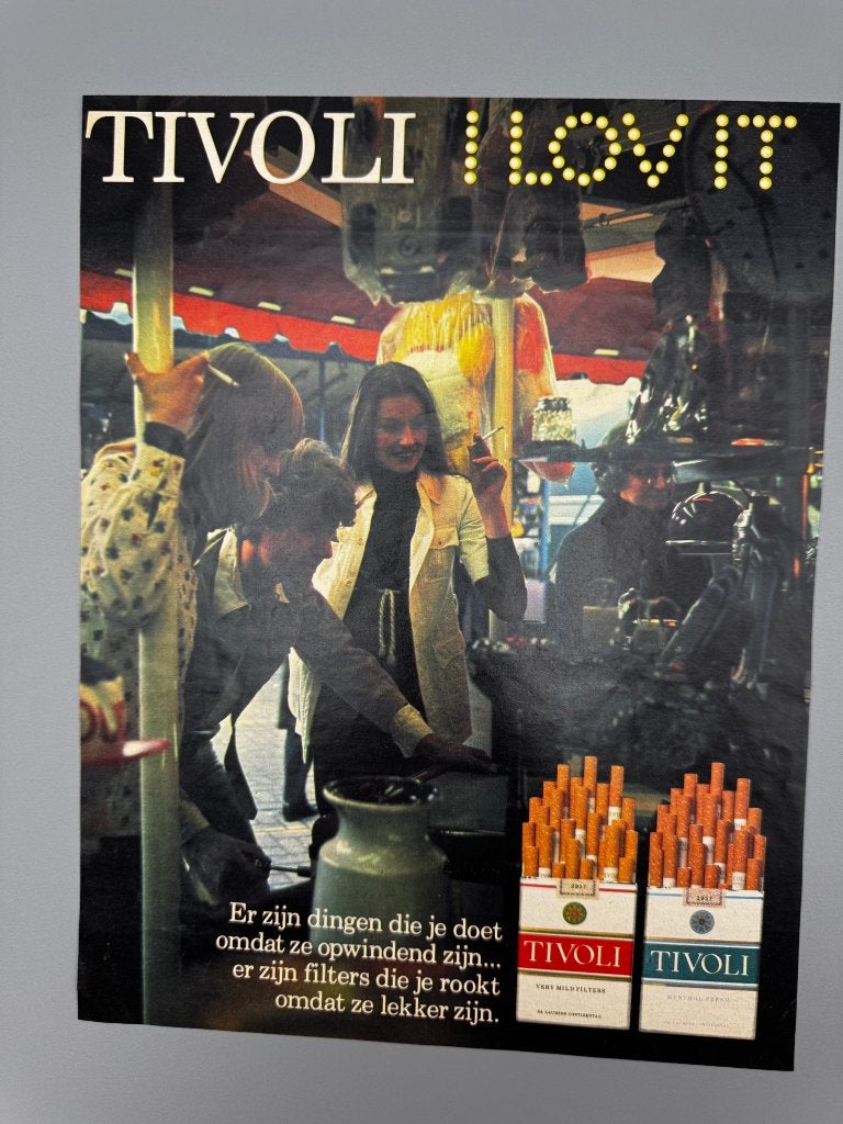 Vintage reclame Tivoli sigaretten, I love it kraam, Verzamelen, Verzenden, Gebruikt, Overige typen