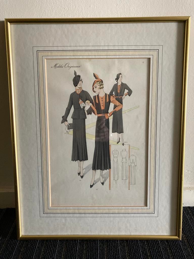 Vintage ingelijste modeprent jaren ‘30, Antiek en Kunst, Ophalen of Verzenden
