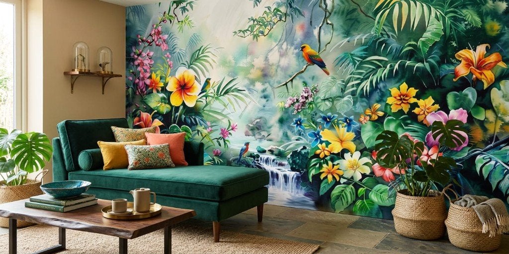 Bloemen behang – tropische tuin met waterval op maat, Bloemen, Natuurlijk, Overige merken, Ophalen of Verzenden
