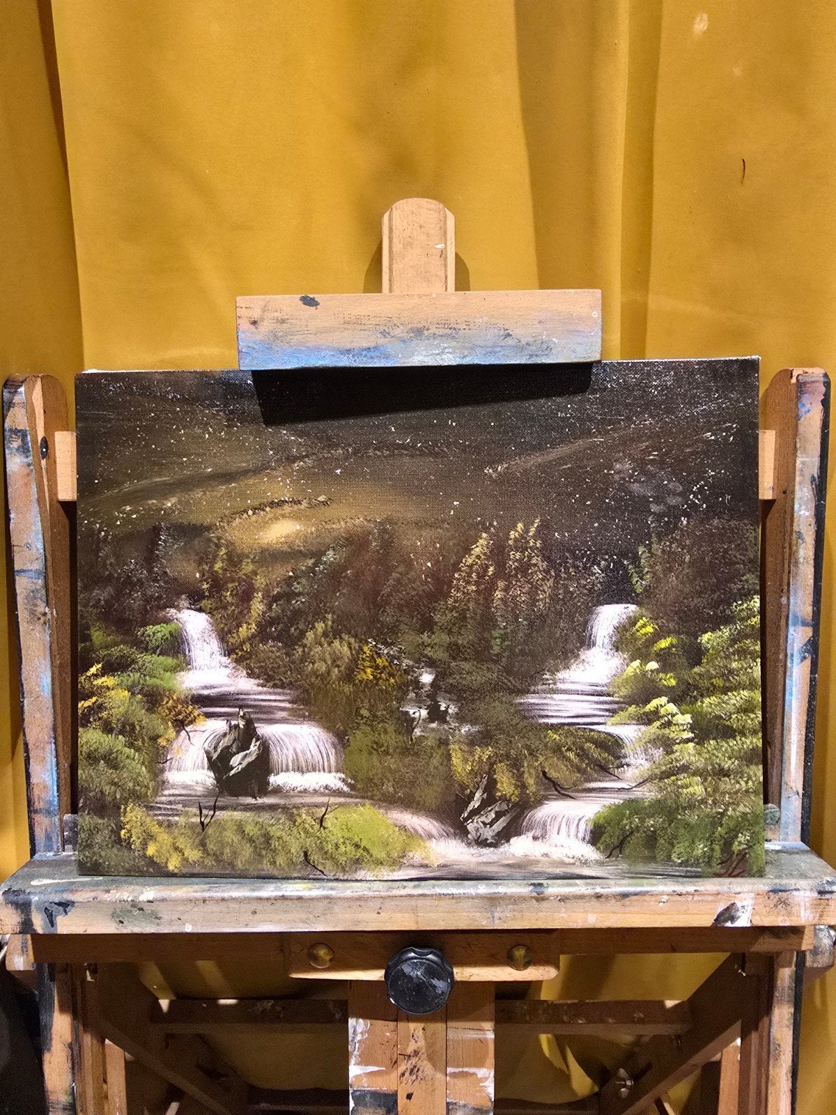 Schilderij met watervallen en sterrenhemel, Ophalen, Doek, Realistisch, Landschap