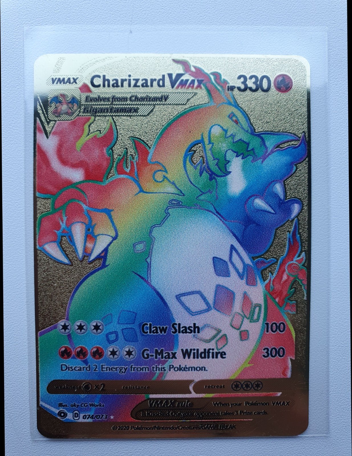 Charizard V Max Rainbow Metalen Pokemon kaart Goudkleurig, Verzenden