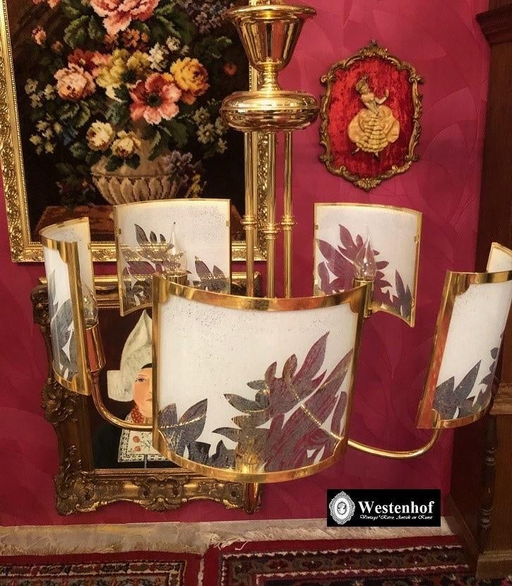 Kroonluchter klassiek goud messing 5 arms  art deco, Ophalen, Gebruikt, Overige materialen