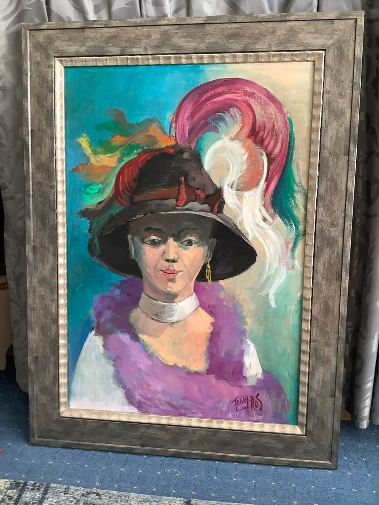 Groot Schilderij van Tonny Ros - Vrouw met Hoed en Bontstola, Antiek en Kunst, Ophalen