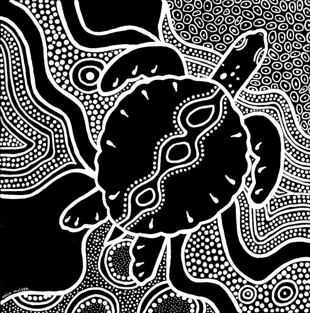 Schilderij van een (Aboriginal) schildpad in black and white, Ophalen of Verzenden