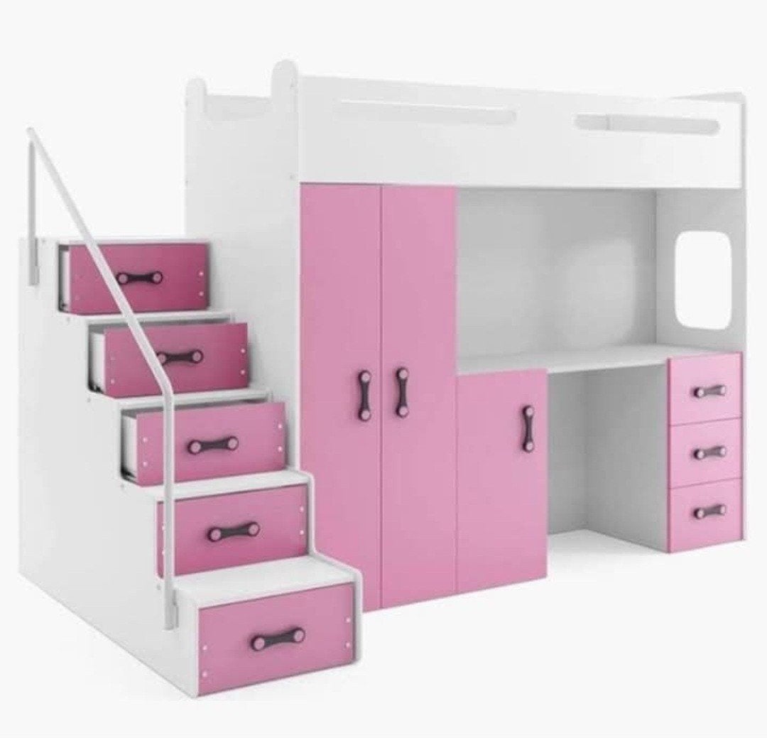 Nette roze/witte hoogslaper met bureau en kledingkast, Ophalen of Verzenden
