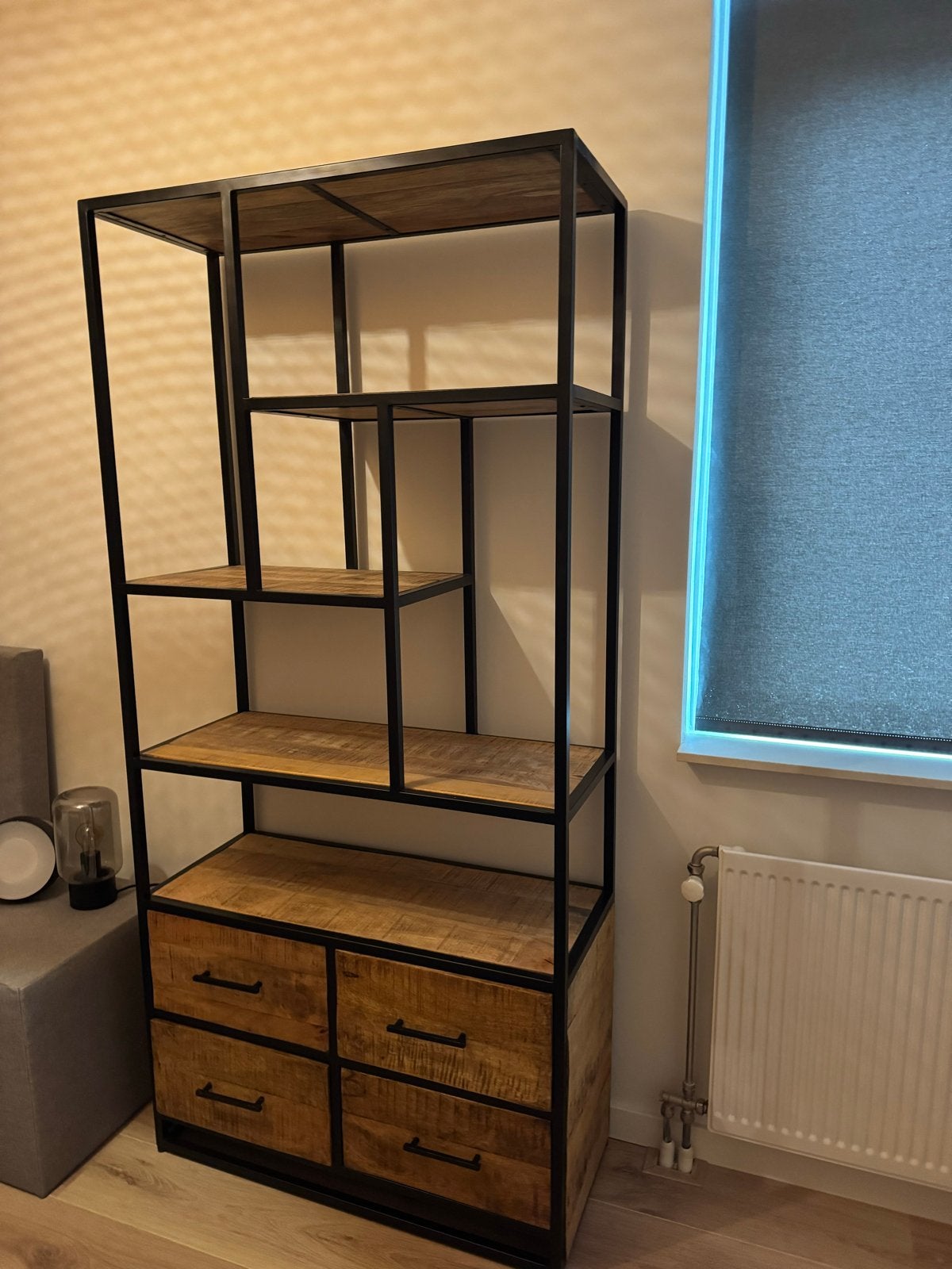 Industriële boekenkast met lades en planken, Ophalen, Nieuw, 50 tot 100 cm, Met lade(s)