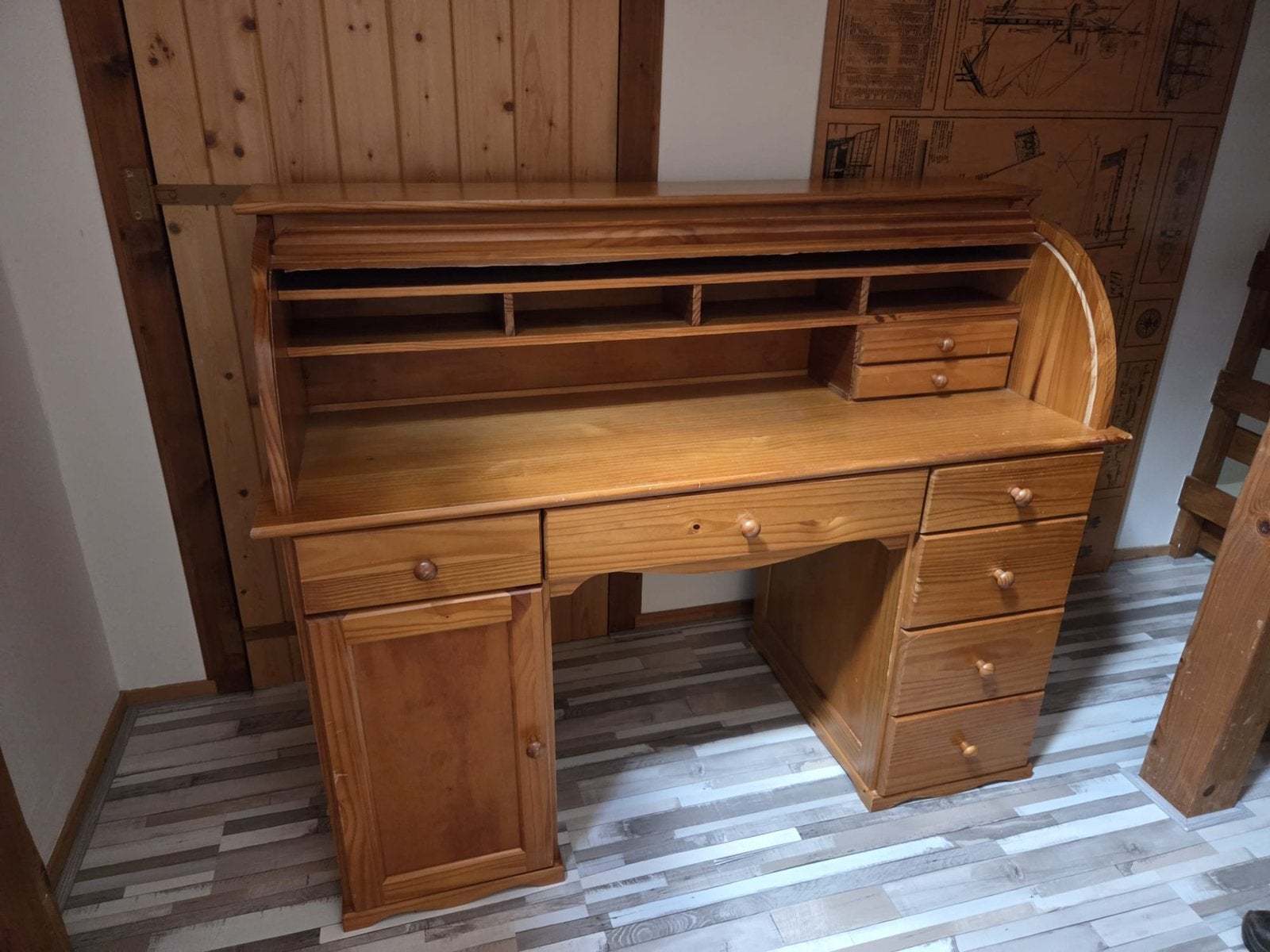 Grenen rolbureau / secretaire, Huis en Inrichting, Ophalen, Zo goed als nieuw