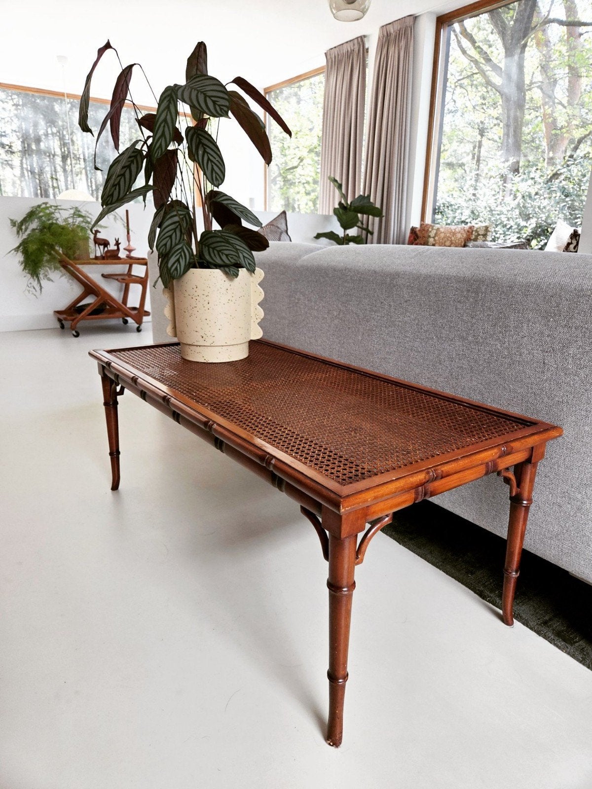 Salontafel, klassiek faux bamboo met webbing, Ophalen, 100 tot 150 cm, 50 tot 100 cm, Zo goed als nieuw