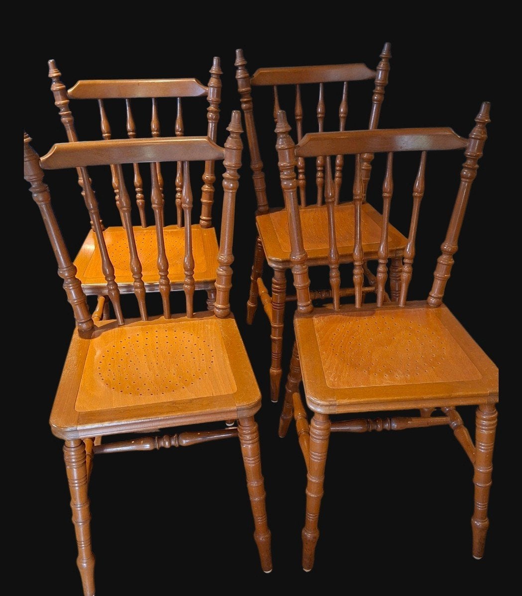 4 spijlenstoelen (vintage), Huis en Inrichting, Stoelen, Ophalen, Gebruikt, Bruin, Vier