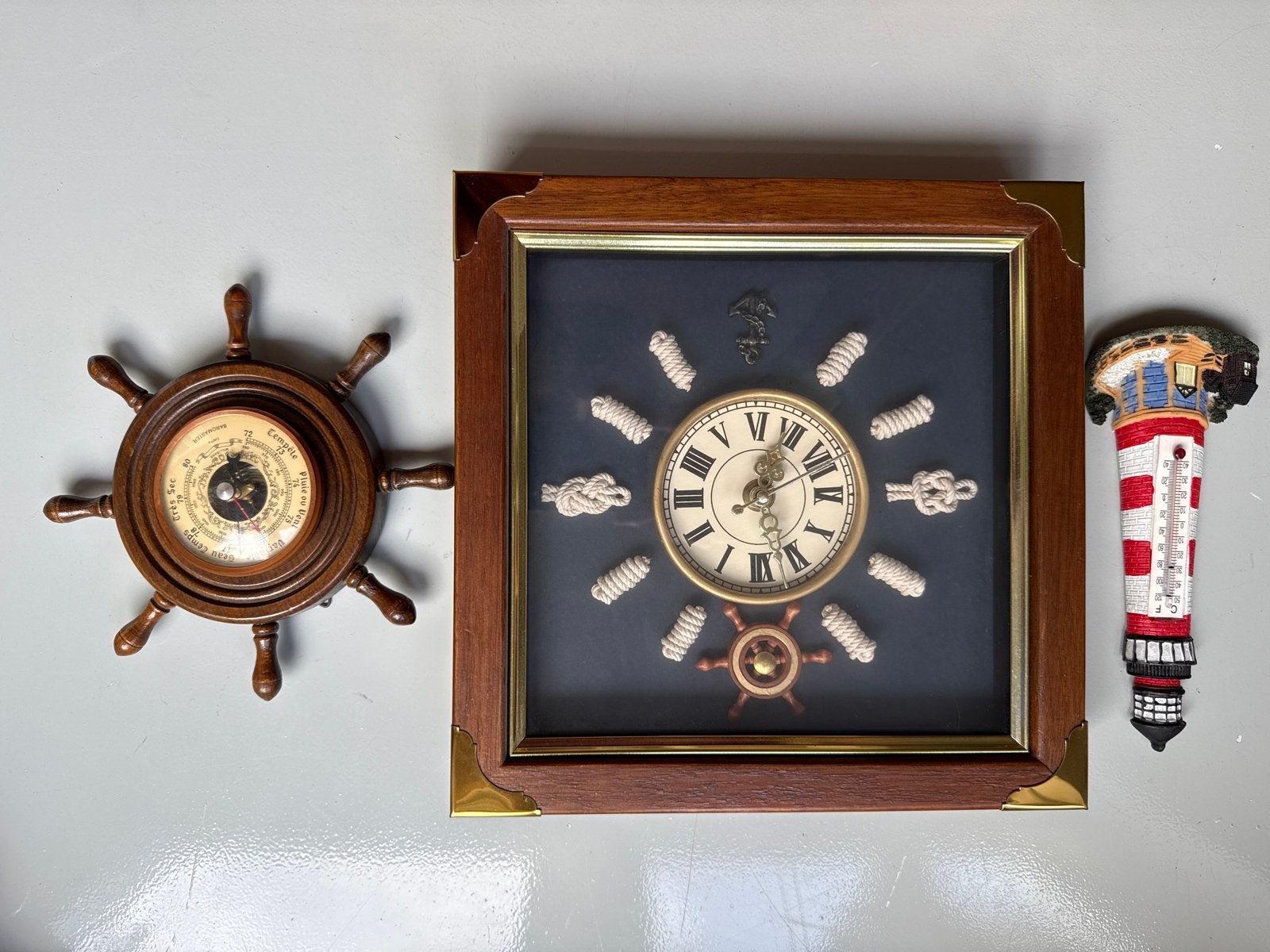 Nautische decoratie set: Klok, barometer, thermometer, Ophalen, Gebruikt, Analoog, Wandklok
