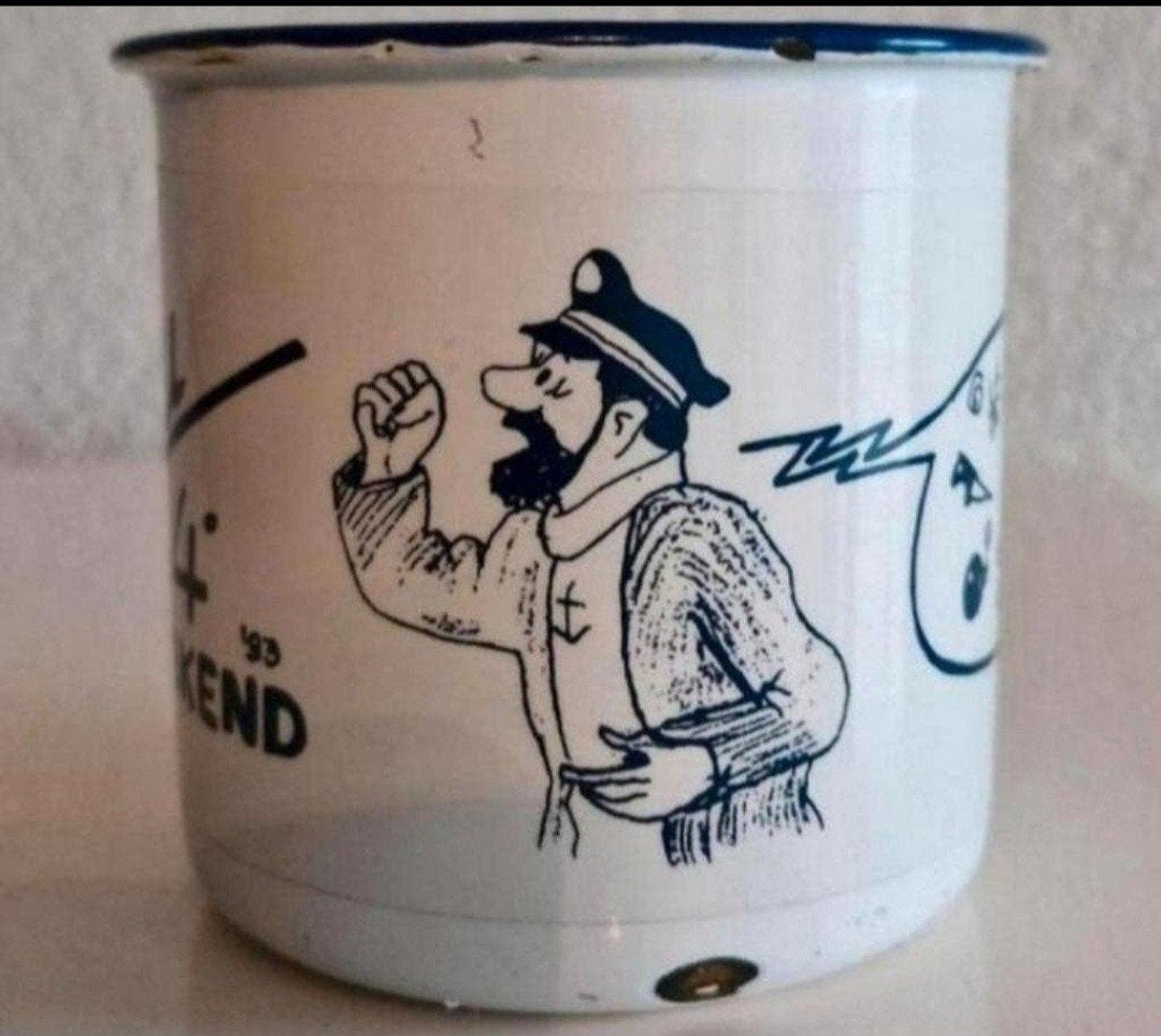 Vintage emaille mok Kuifje Kapitein Haddock Bacu '93, Ophalen of Verzenden