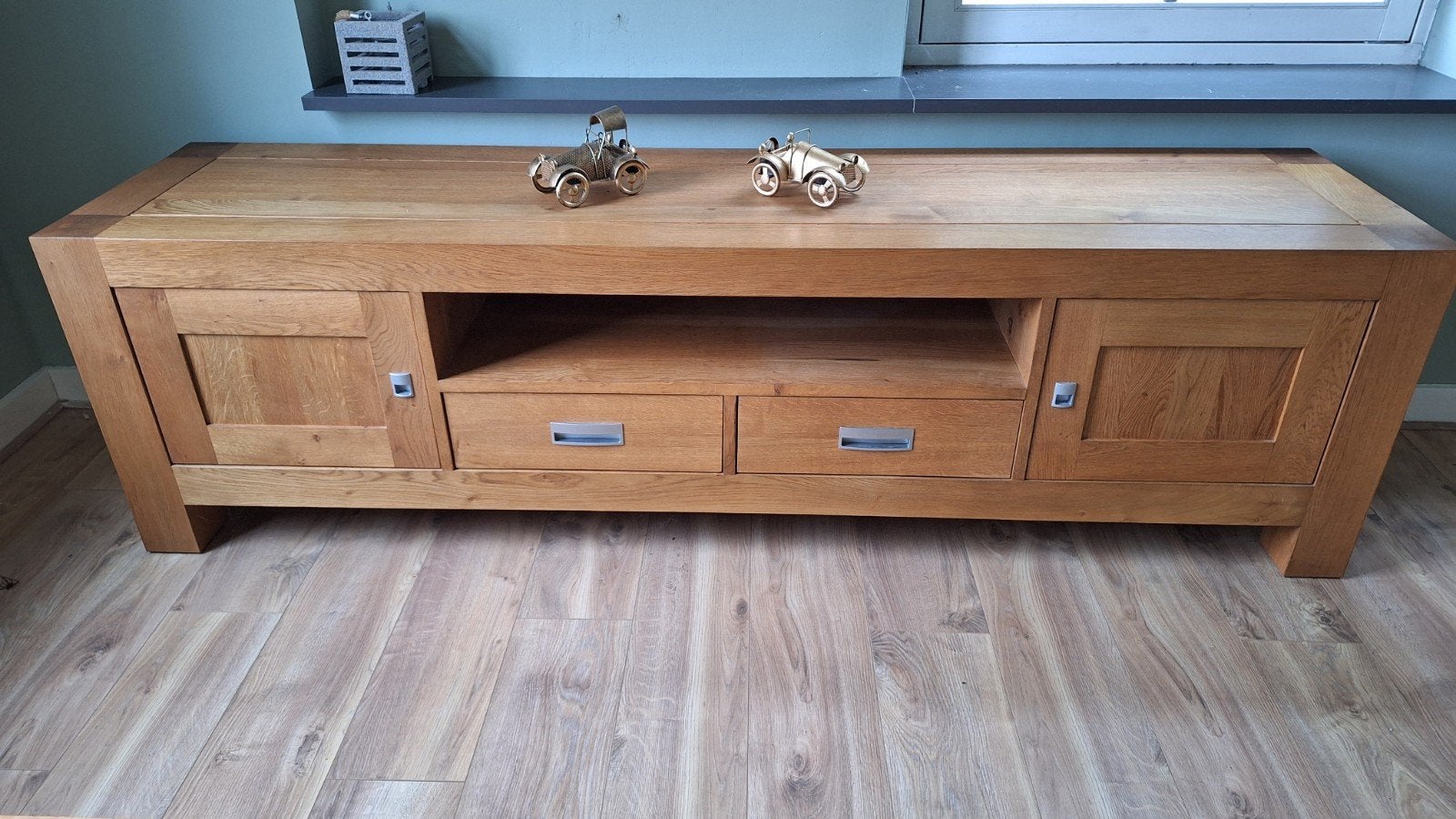 Eiken TV-meubel met Opbergruimte, Ophalen, Gebruikt, Eikenhout, 200 cm of meer