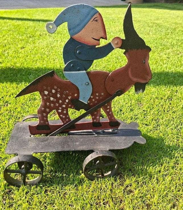 Vintage Metalen Trekfiguur: Kabouterelf op Geit., Ophalen of Verzenden
