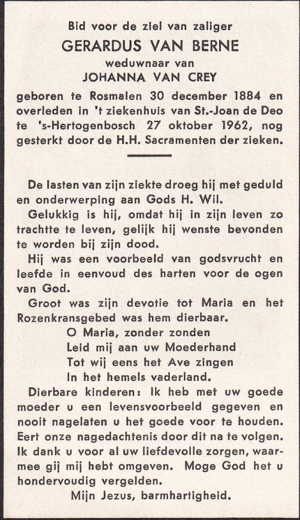 Berne Gerardus 1884 Rosmalen 1962 Den Bosch, Verzamelen, Ophalen of Verzenden, Bidprentje