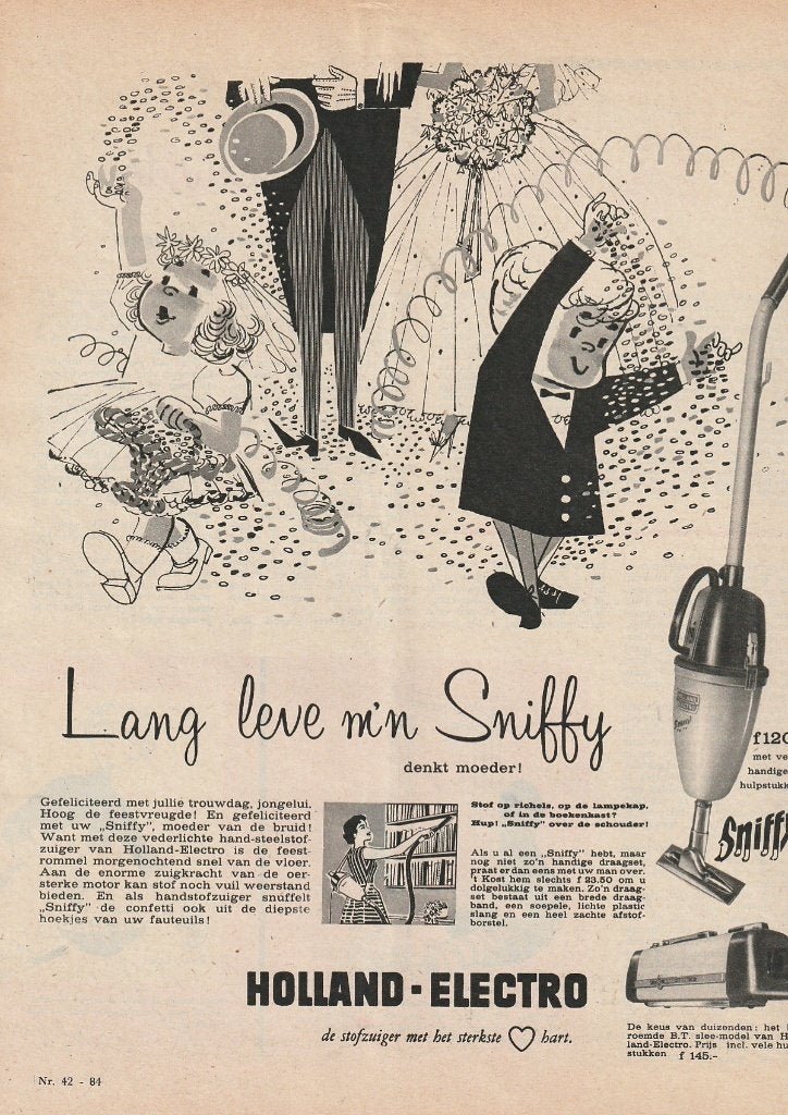 Retro reclame 1958 Holland Electro stofzuiger Sniffy jaren, Verzamelen, Retro, Verzenden, Overige typen