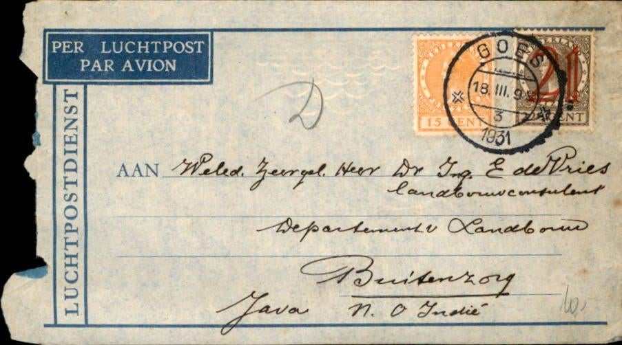 Nederlands Indië - Goes - Frankering - 1931, Verzenden, Envelop