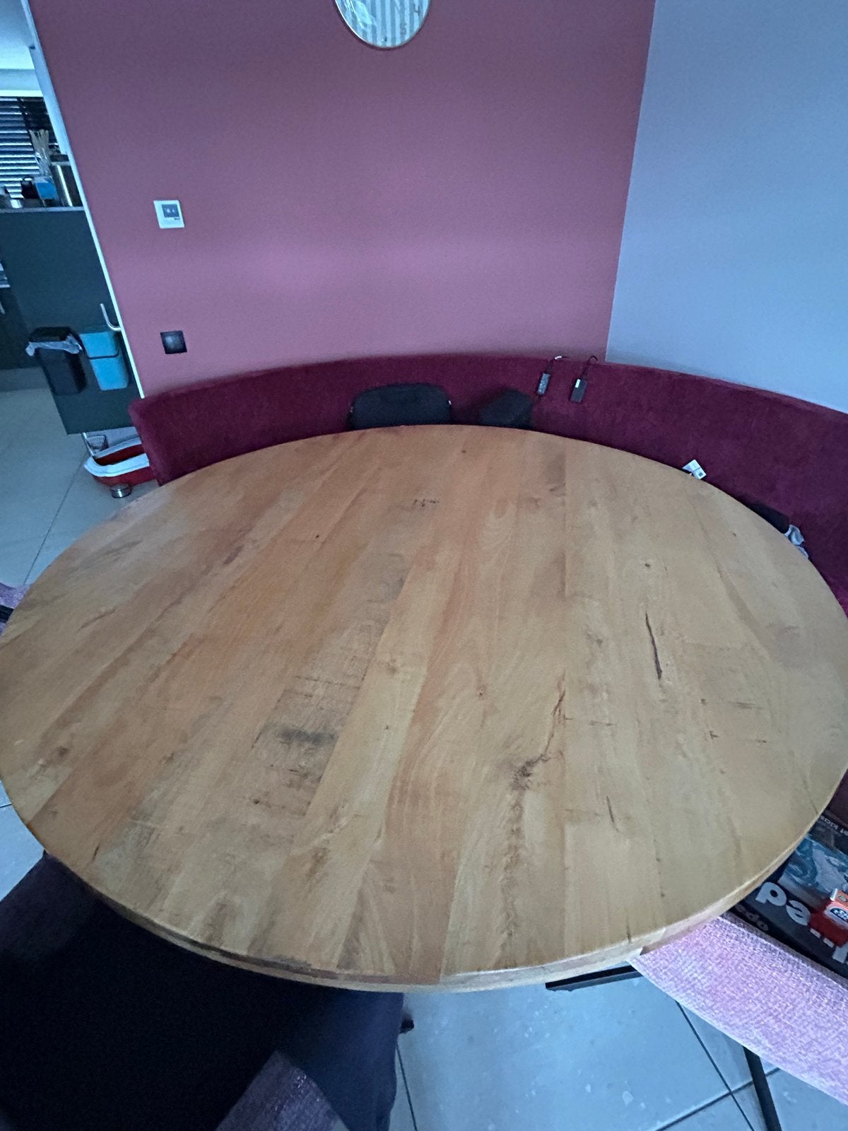 Ronde eettafel (180cm doorsnee) met metalen onderstel, Ophalen, Gebruikt, 150 tot 200 cm, Vijf personen of meer