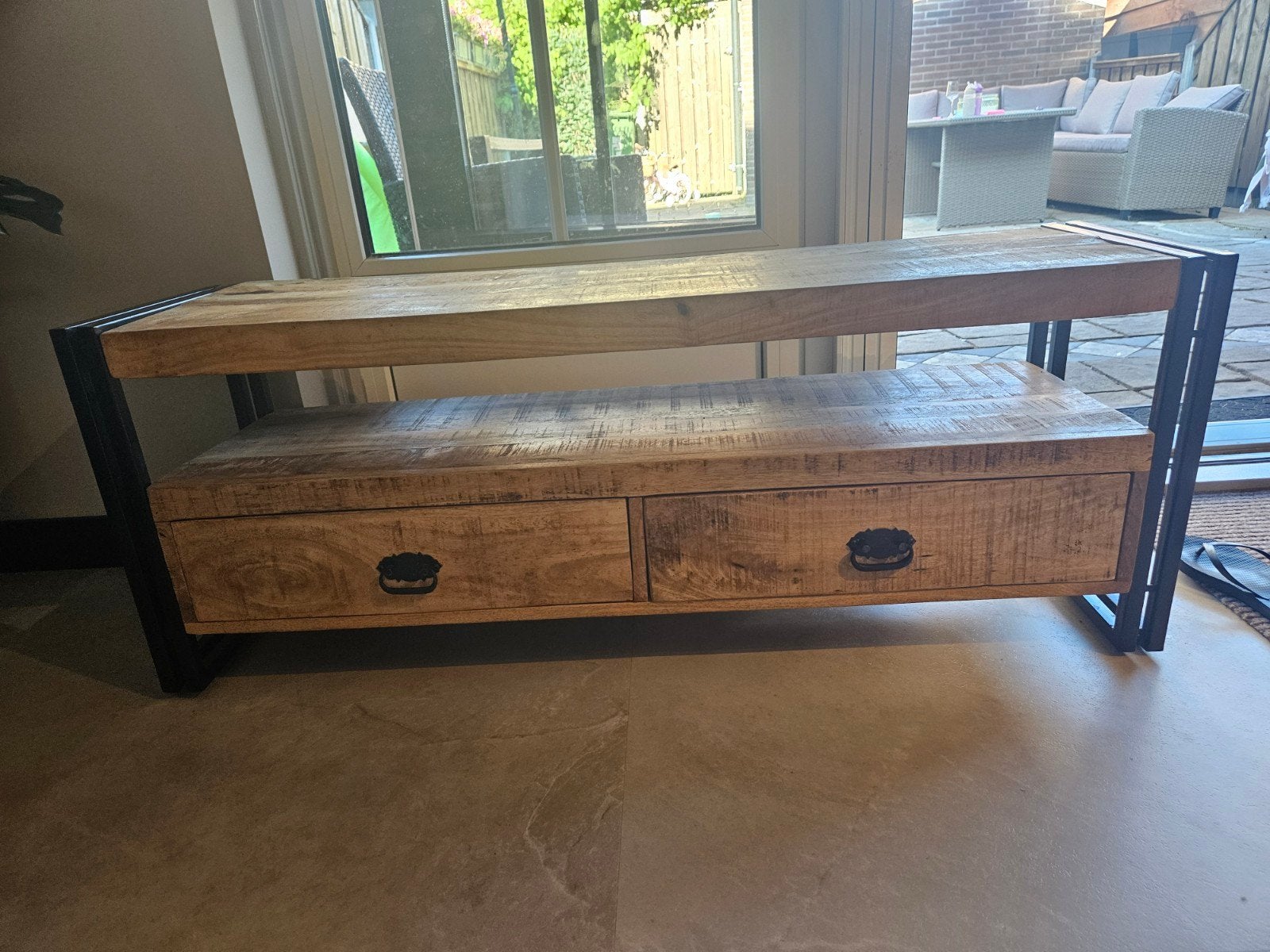 Mango houten tv meubel met lades, Overige houtsoorten, Gebruikt, 100 tot 150 cm, Ophalen of Verzenden