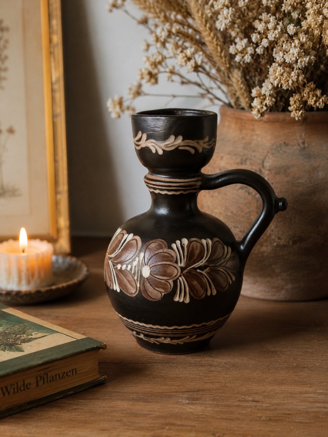 Vintage Aardewerken Kruik met Handvat en Bloemenpatroon, Ophalen of Verzenden