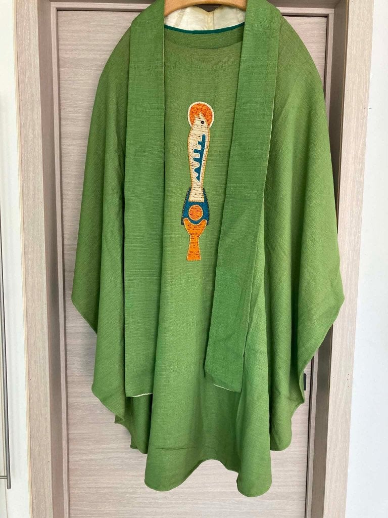 Groene kazuifel vis met onderstola, Ophalen of Verzenden