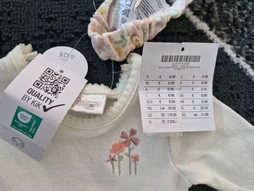 Fleurige crèmekleurig jurkje met romper maat 56 h, KIK, Meisje, Jurkje of Rokje, Onbekend