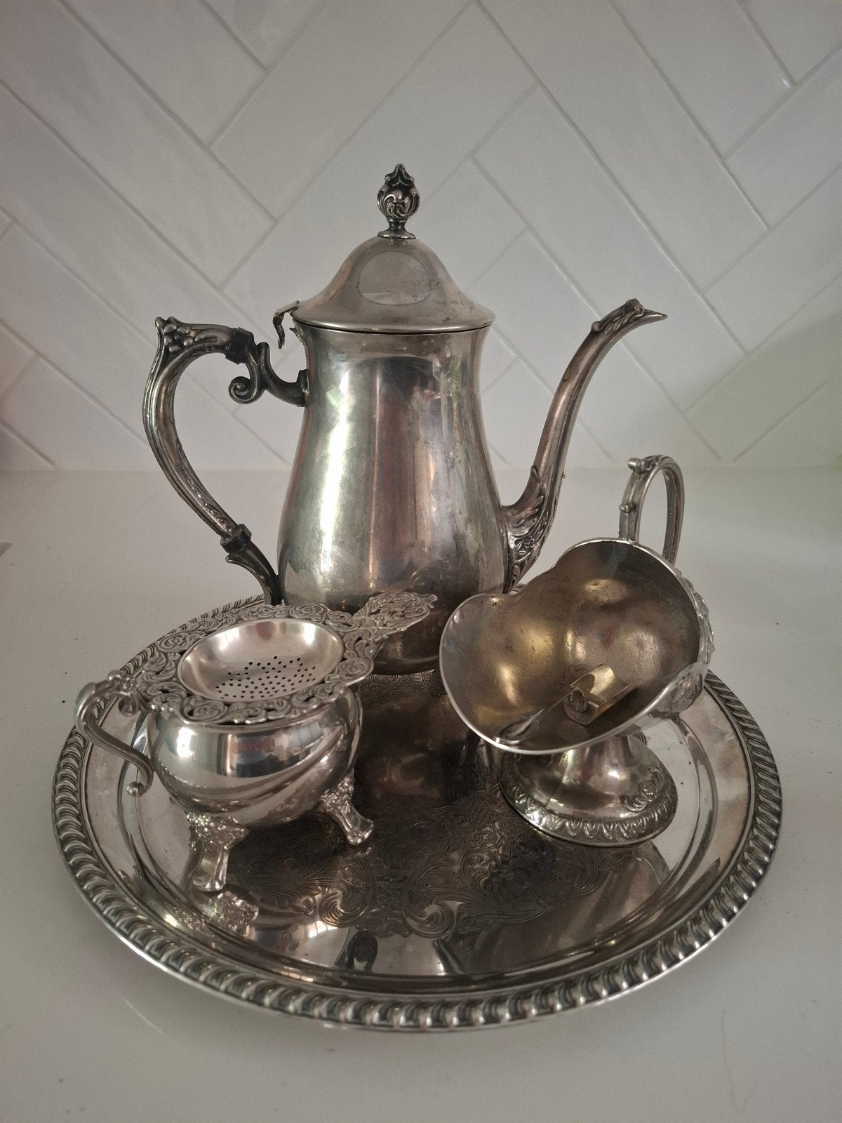 Antiek verzilverd theeservies met dienblad, Antiek en Kunst, Ophalen